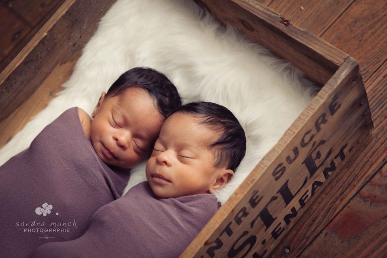 portraits de jumeaux emmaillotés endormis dans une caisse en bois nestlé vintage